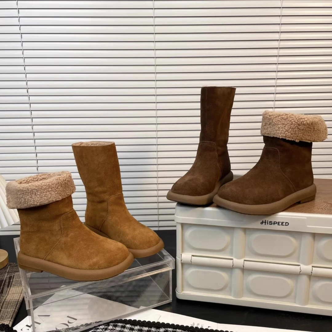 【SEN现货】中筒小土豆冬季女鞋新款保暖棉鞋中筒靴翻毛皮雪地靴