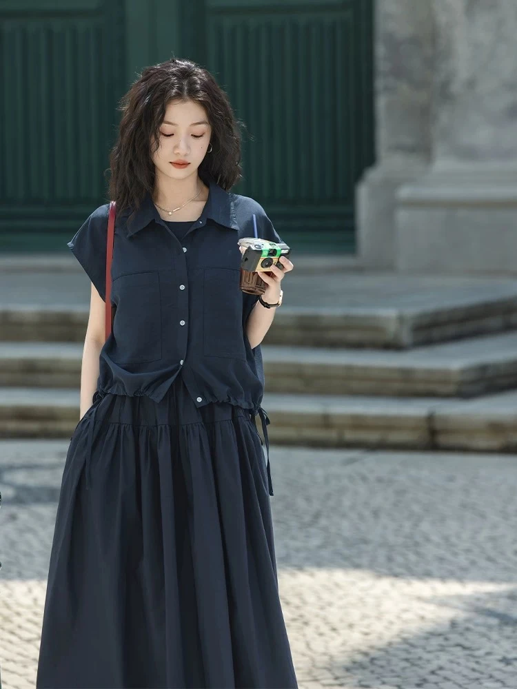 2025夏季新款韩系穿搭慵懒风藏蓝色衬衫上衣背带连衣裙显瘦两件套
