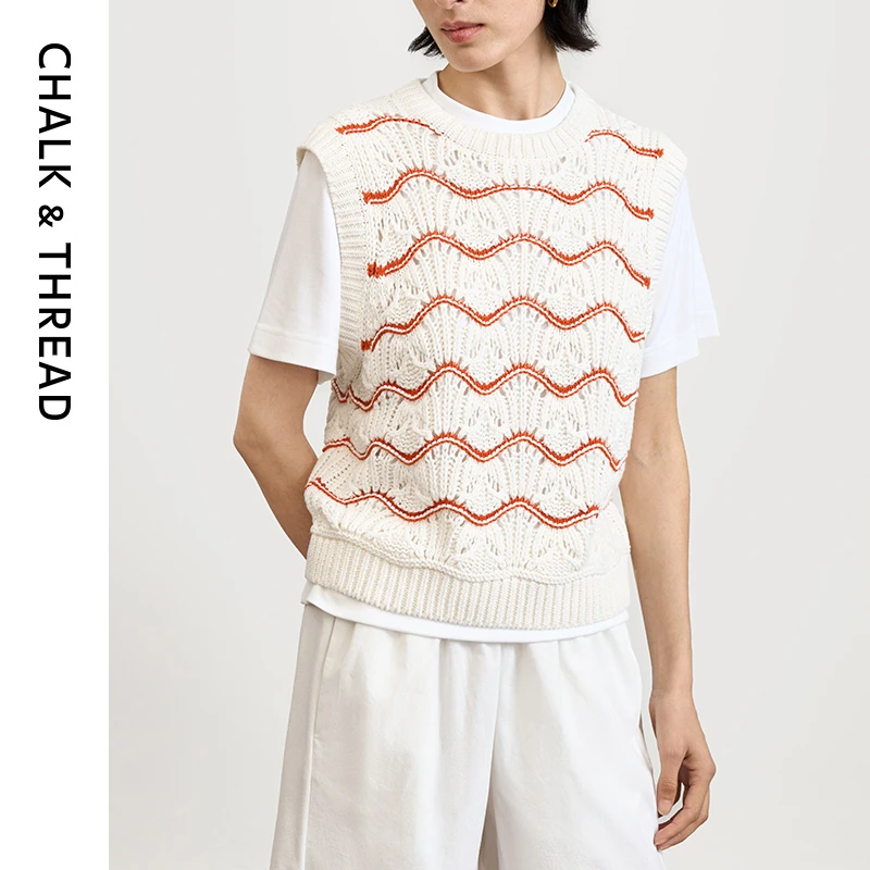 CHALK&THREAD微松合体圆领无袖撞色波浪条纹长绒棉针织背心