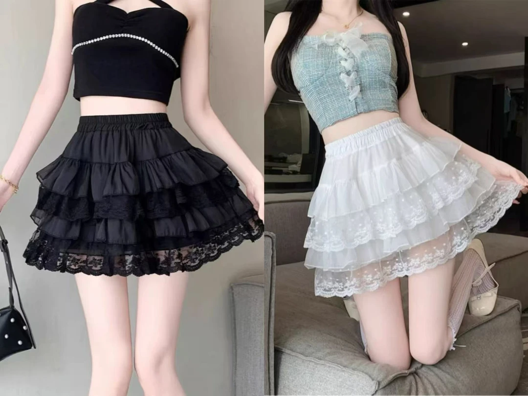 LL琳纯欲辣妹百搭蛋糕半身裙2025夏新款洋气拼接蕾丝A字短裙2542