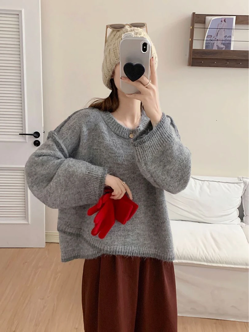 小众设计感不规则撞色休闲圆领毛衣女冬慵懒风百搭软糯宽松针织衫