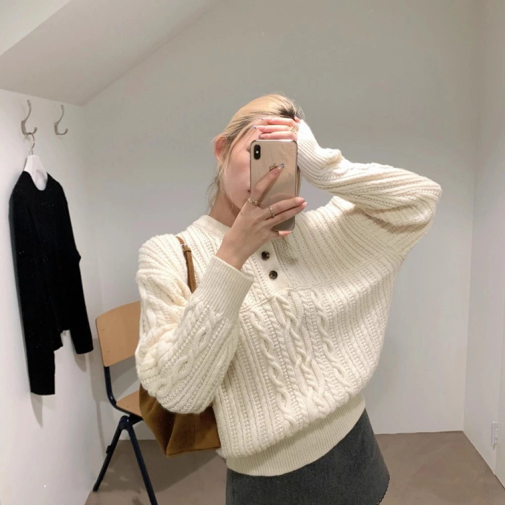 【大码】针织衫白色毛衣女早秋季气质小个子宽松慵懒风针织衫圆领