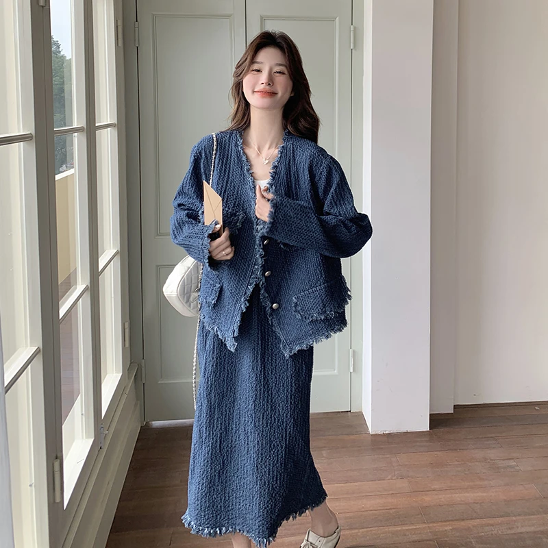 独特设计感复古牛仔套装裙女2025春季新款小香风外套半身裙两件套