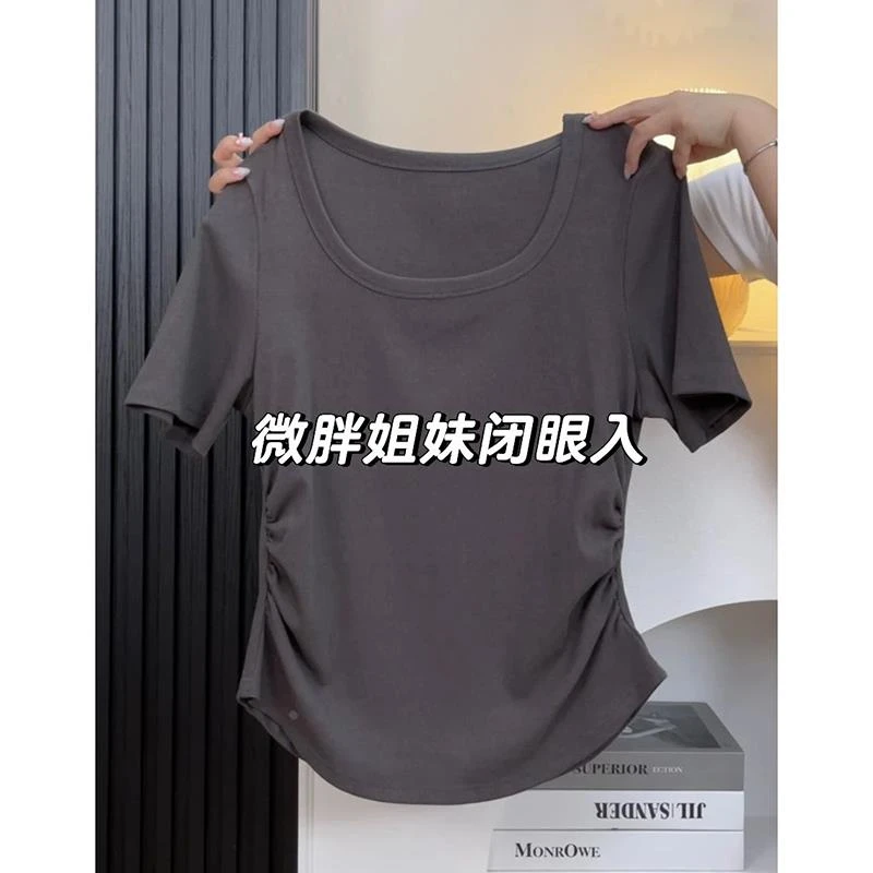 方领不规则正肩短袖t恤女夏大码胖mm显瘦宽松遮肚子褶皱短款上衣