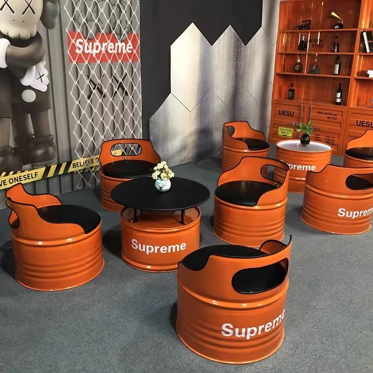 铁艺茶几桌椅组合网红工业风油桶沙发酒吧卡座奶茶店办公室休息区