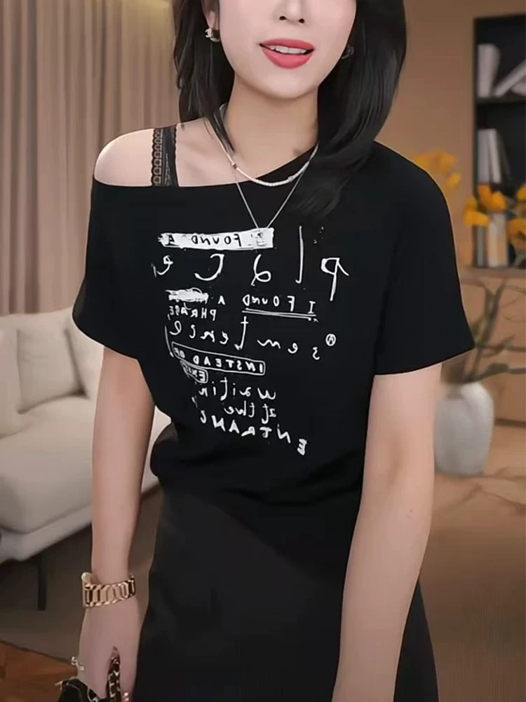 2025春季新款时尚气质休闲百搭斜肩短T