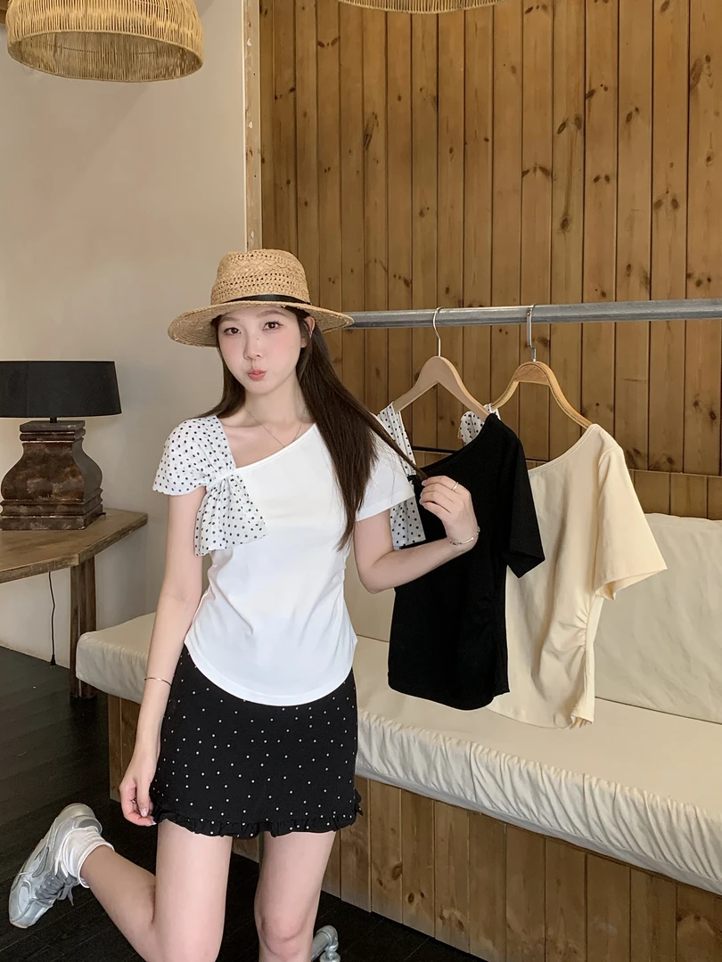 2025夏季新款胖mm大码甜辣蝴蝶结露肩T恤设计感斜肩修身上衣80018