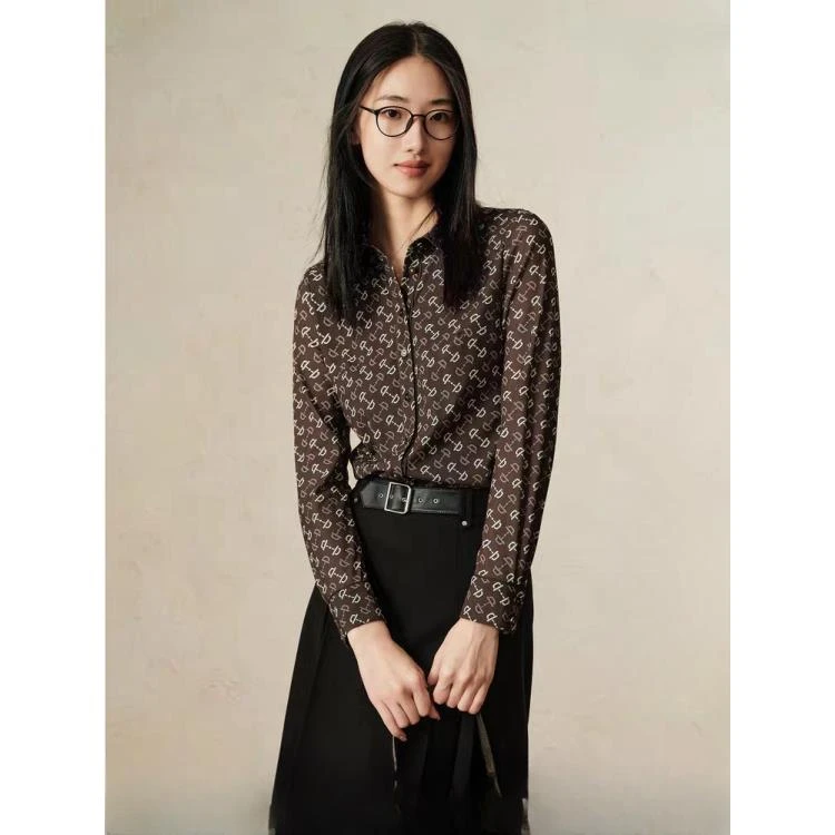商场同款女装经典复古印花修身显瘦衬衫上衣2025春季新款C5312