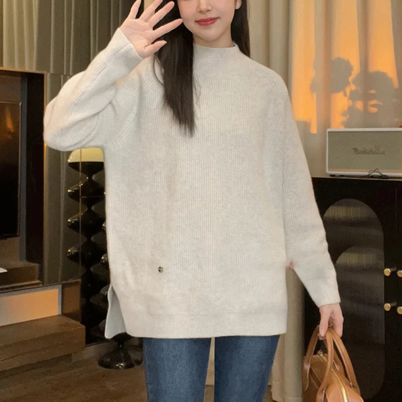 纯色半高领中长款针织衫女秋冬季慵懒风宽松显瘦休闲内搭毛衣上衣