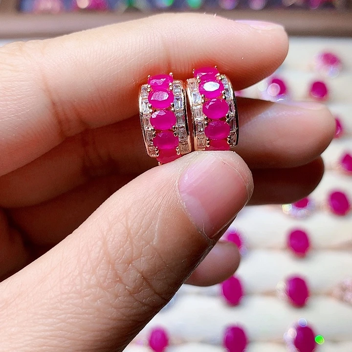 红宝石耳饰银S925镶嵌