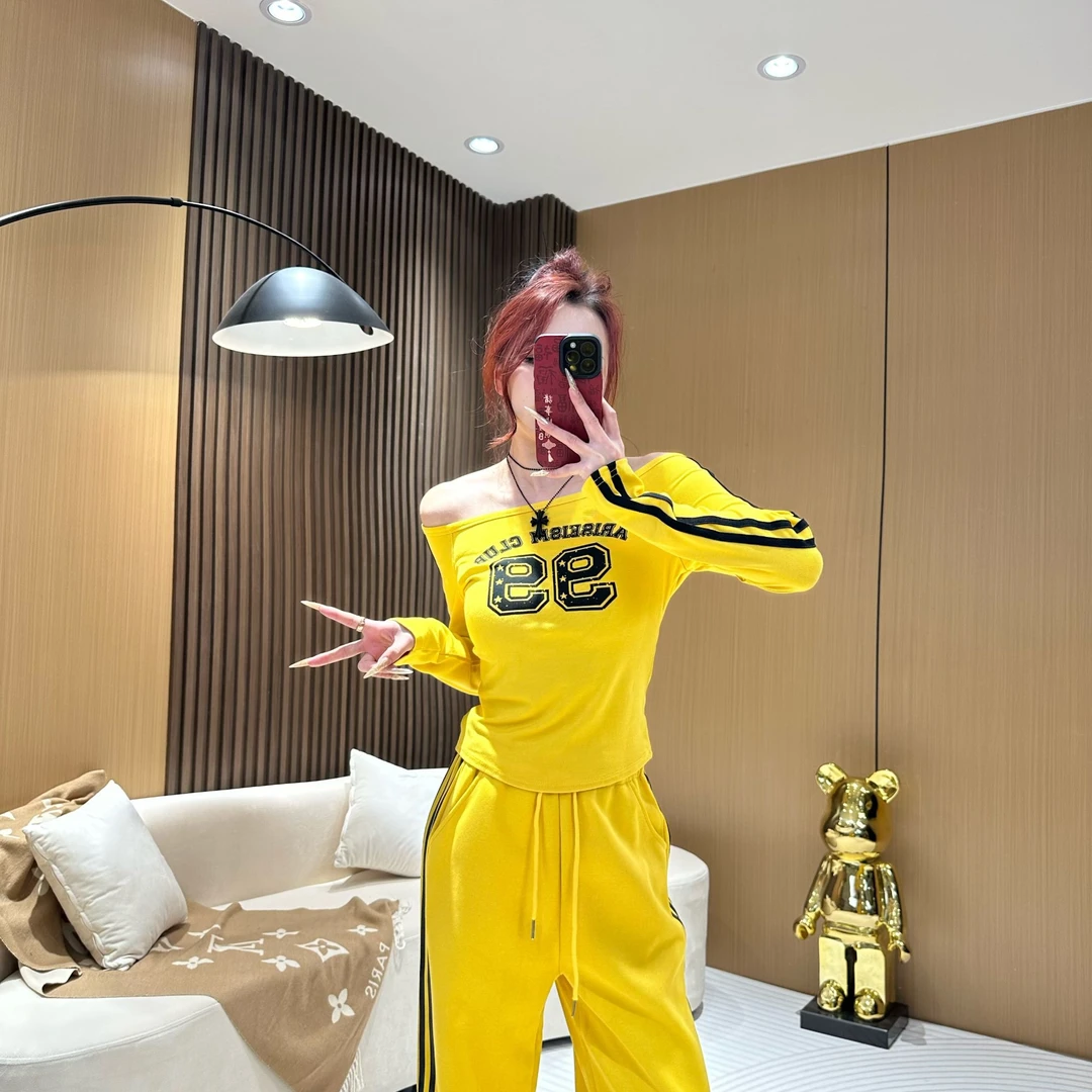 DA1529【一字领字母印花T恤】春款一字领字母修身长袖T恤辣妹穿搭女