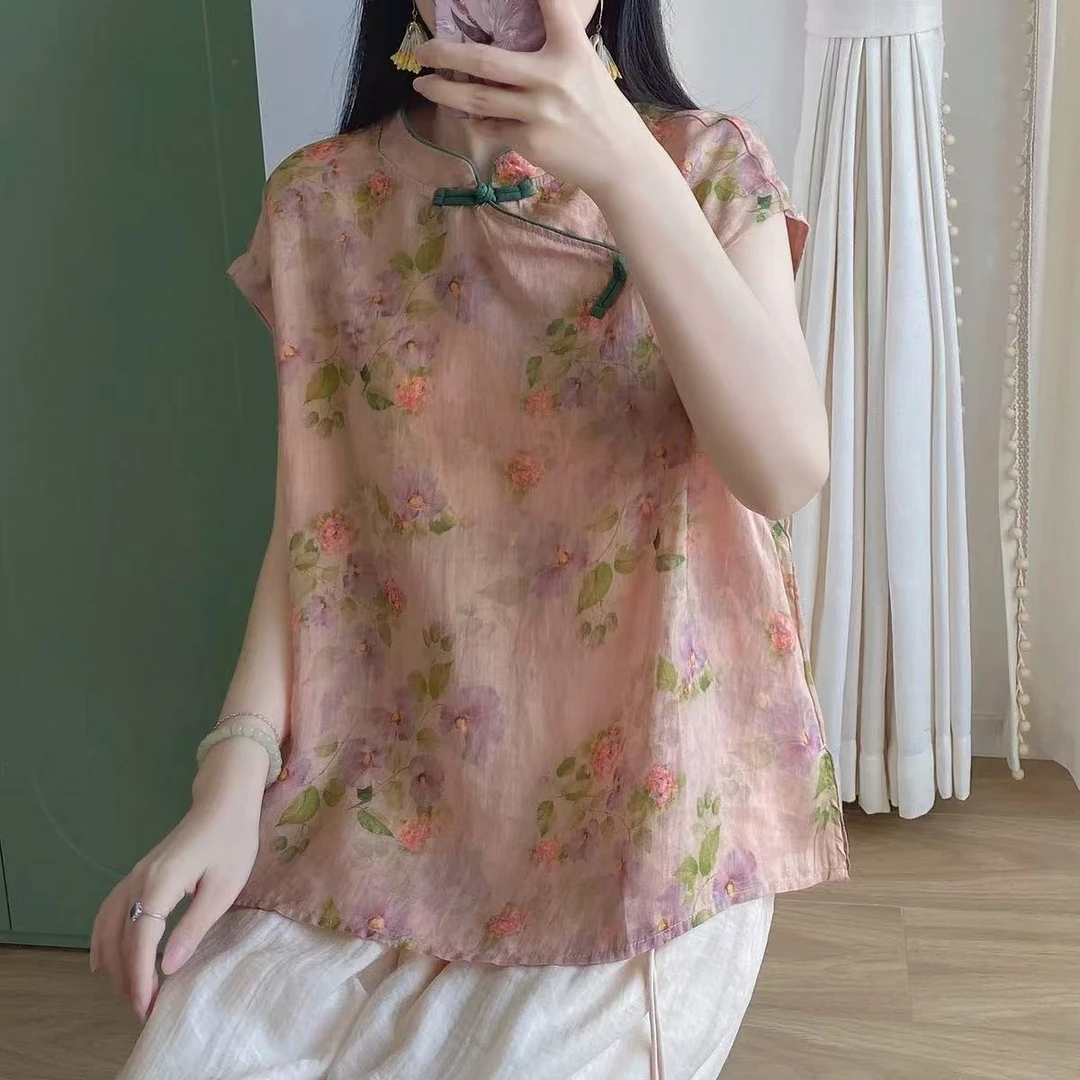 新中式印花无袖衬衫女夏宽松斜襟撞色盘扣改良旗袍短款上衣