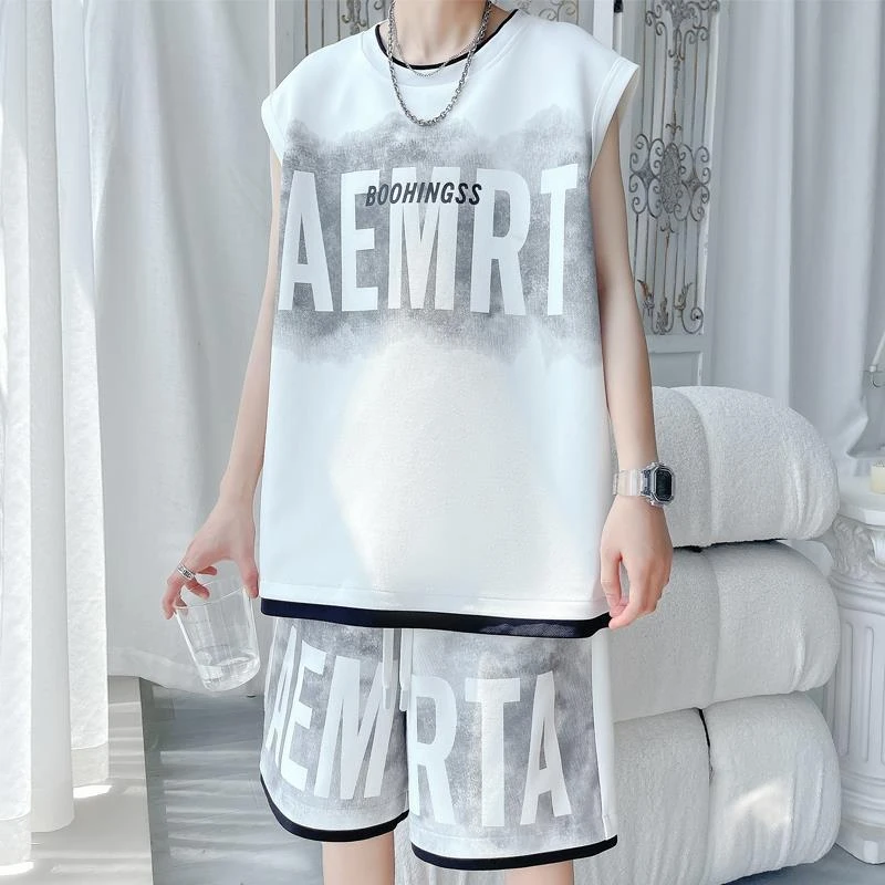 冰丝背心运动一整套装男夏季美式潮牌篮球衣坎肩t恤休闲短裤搭配