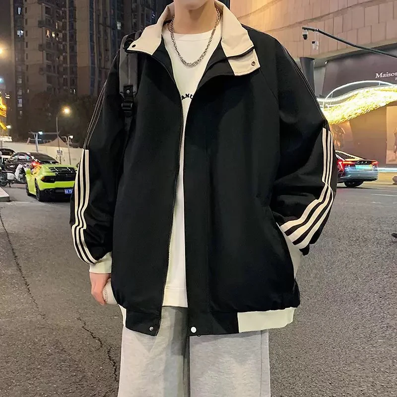 拼接港风连帽休闲防水秋季痞帅棒球领夹克翻领男士百搭亮面