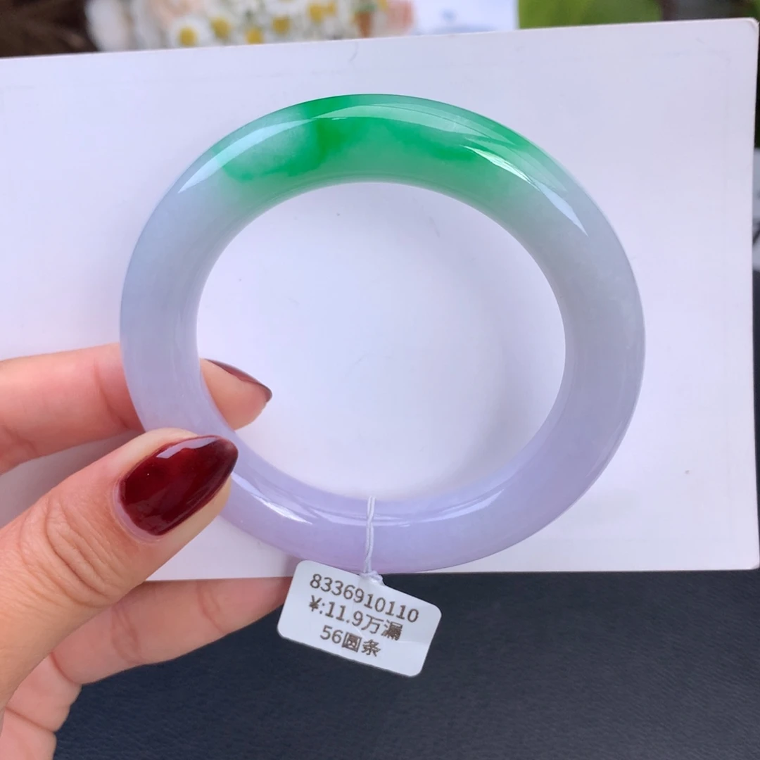 翡翠手镯未镶嵌糯冰春彩圆条手镯