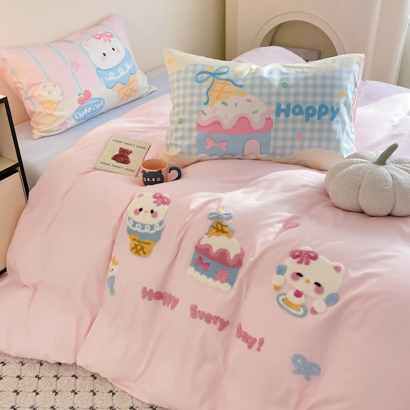 水洗棉印花加刺绣云朵棉四件套可爱女孩印花宿舍三件套