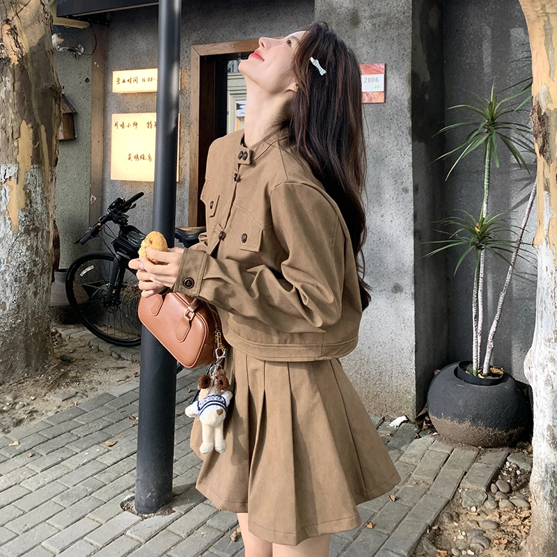一整套美拉德穿搭皮衣外套百褶裙两件套女秋季新款显瘦时尚套装潮