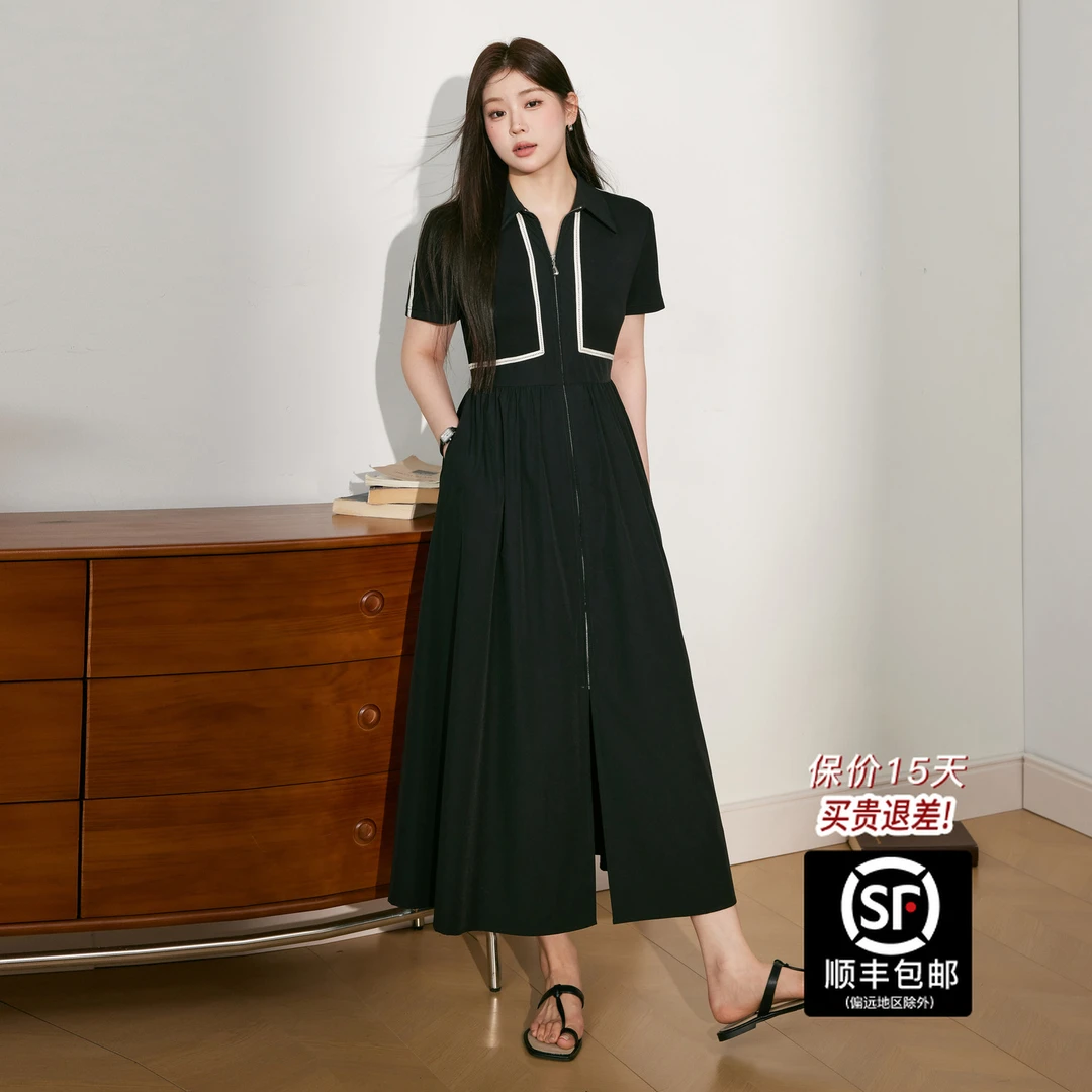 蓝语大码女装赫本风黑色收腰显瘦连衣裙夏季新款polo领气质a字裙