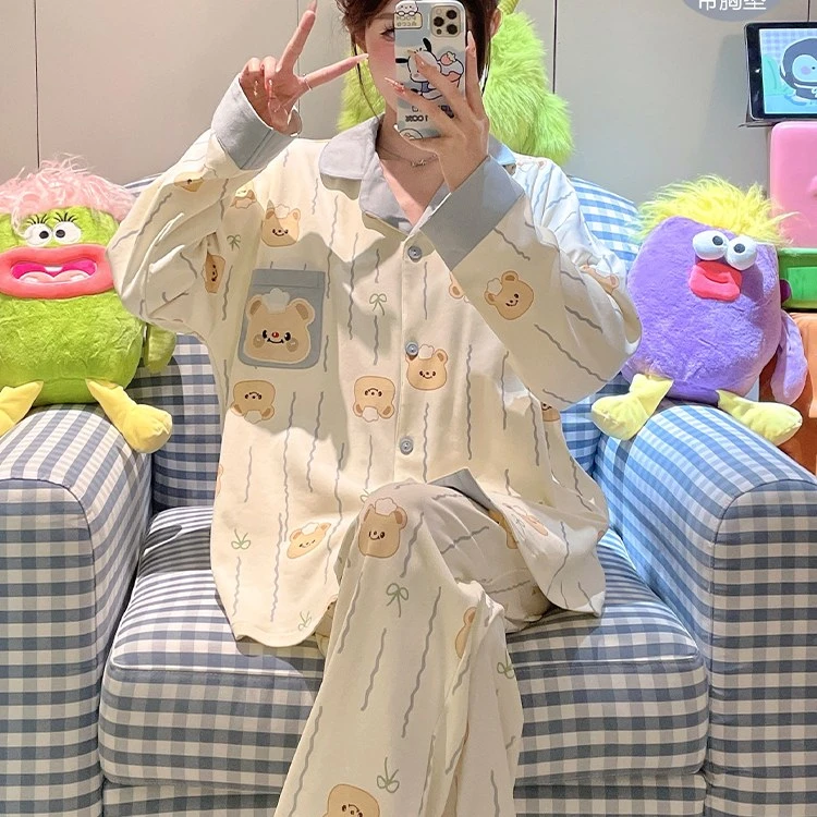 睡衣女春秋款长袖带胸垫2025新款可爱卡通甜美小熊夏季家居服套装