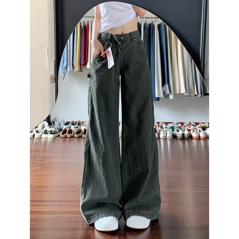 美式军绿色工装裤女新款多口袋复古休闲阔腿宽松直筒微喇牛仔裤子