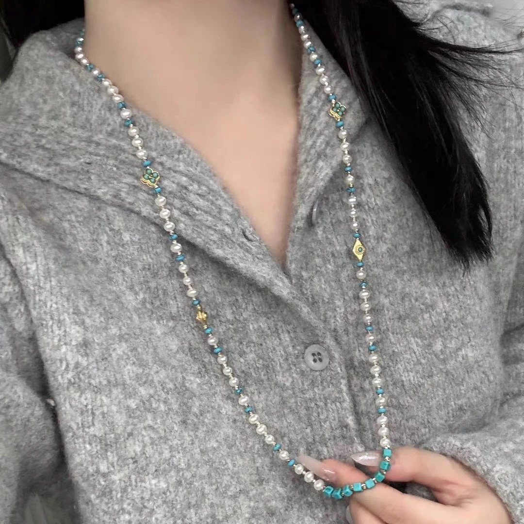 天然珍珠松石毛衣链