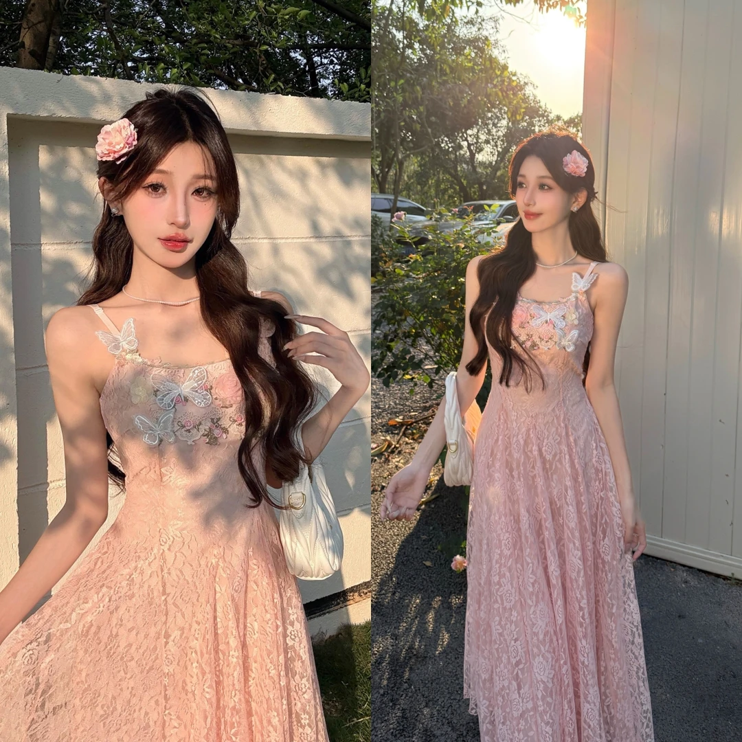 8622  长短款/大码甜美温柔蕾丝立体花朵长款吊带裙+开衫两件套