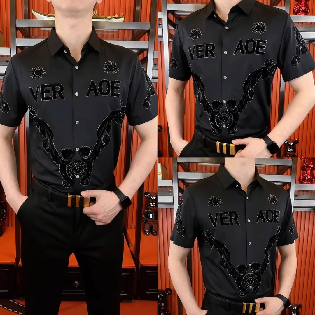 0600夏季新款高端四面弹力带钻免熨烫短袖衬衫