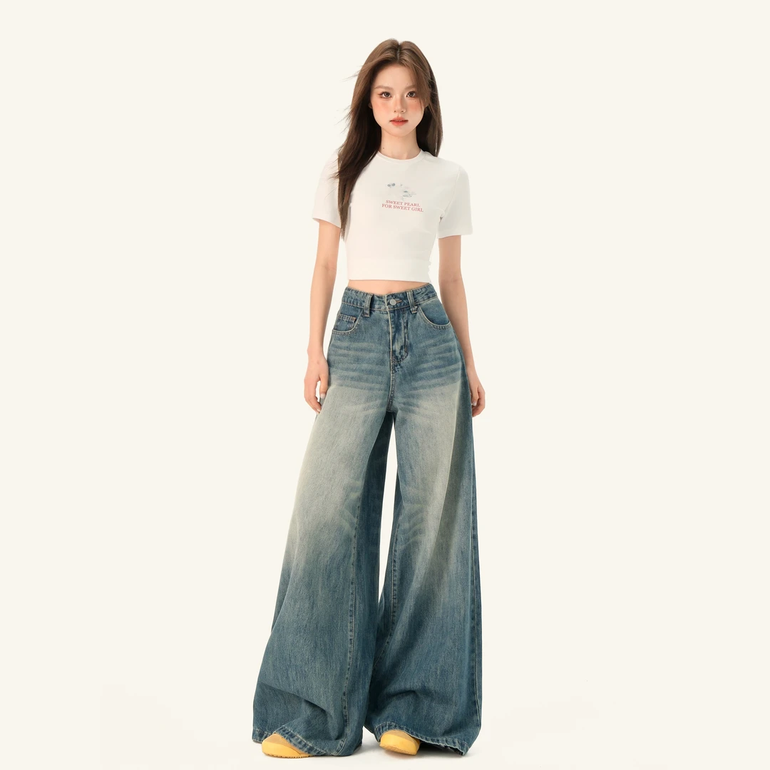 MNGRL 复古水洗阔腿牛仔裤女磨白猫须纹宽松直筒裤显瘦垂感拖地裤