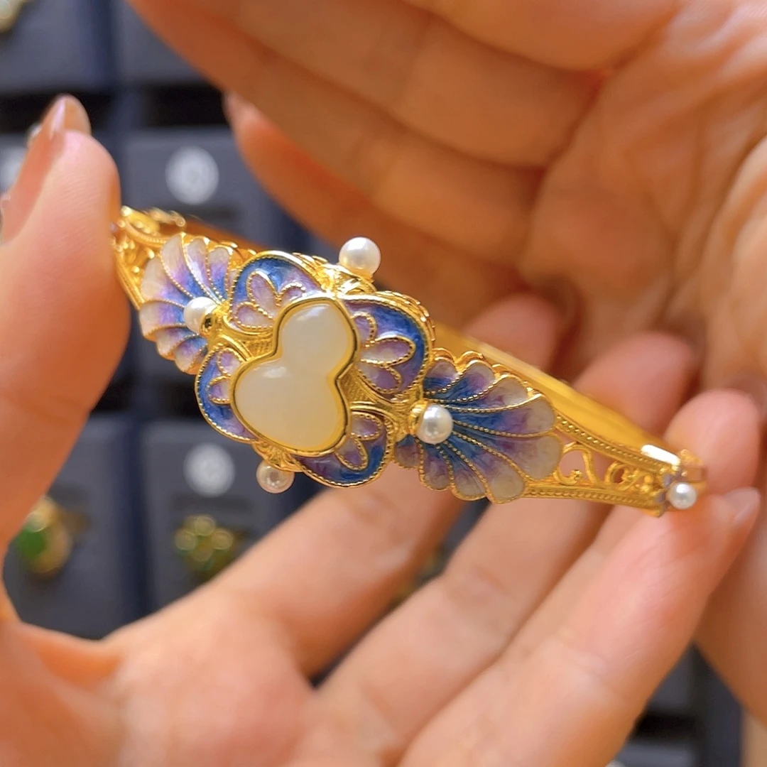 和田玉银S925镀金镶嵌手镯