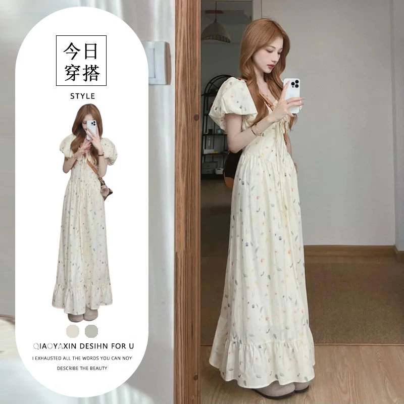 2025夏季新款高级感韩系泡泡袖连衣裙女时尚气质收腰显瘦长裙休闲