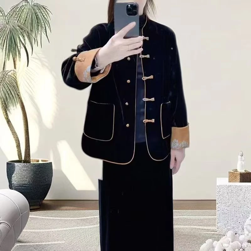 姐妹花推荐时尚休闲复古中式金丝绒女士立领挂里衬秋款中国风外套