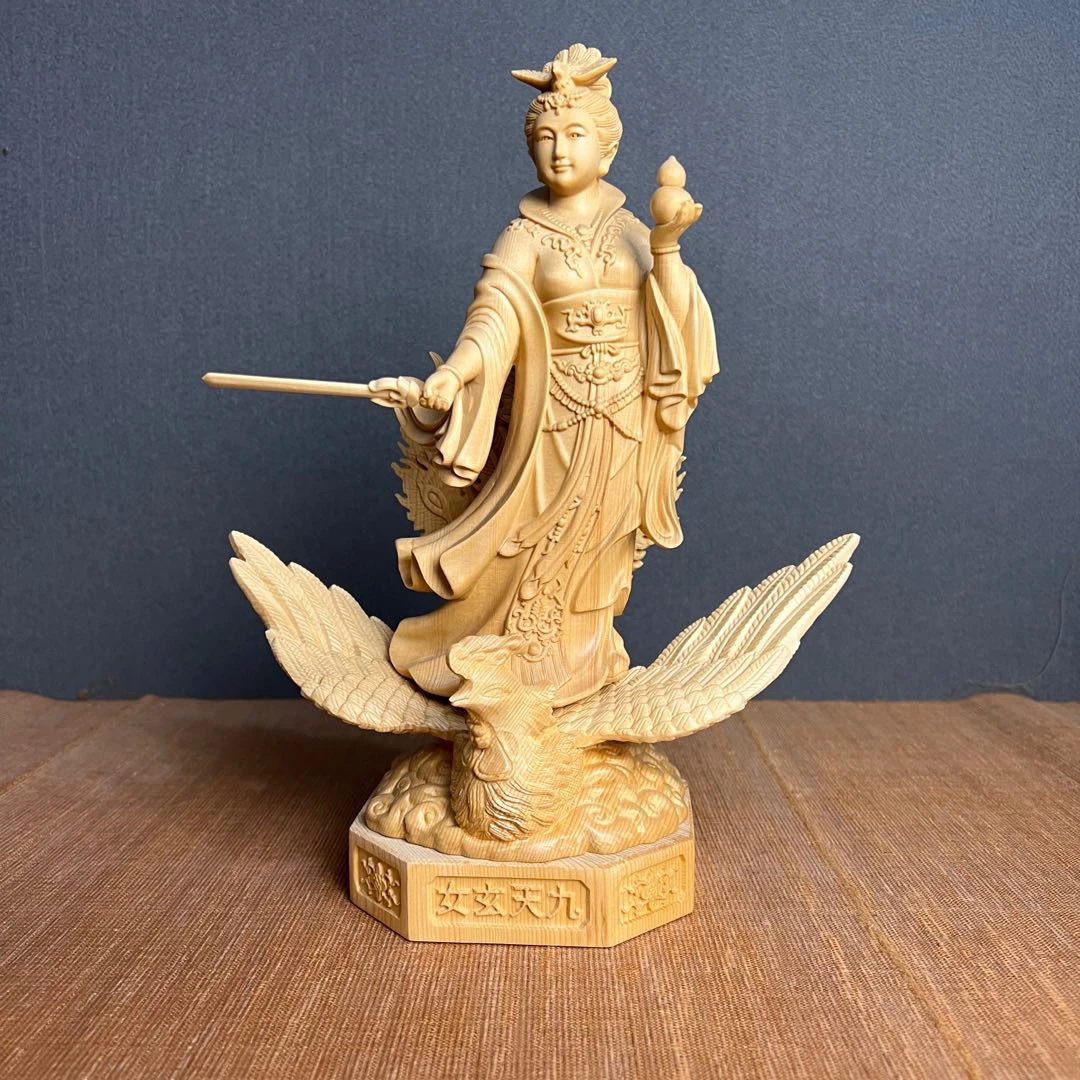 实木高端家用供奉九天玄女神像家居摆件精雕高度30*26*15