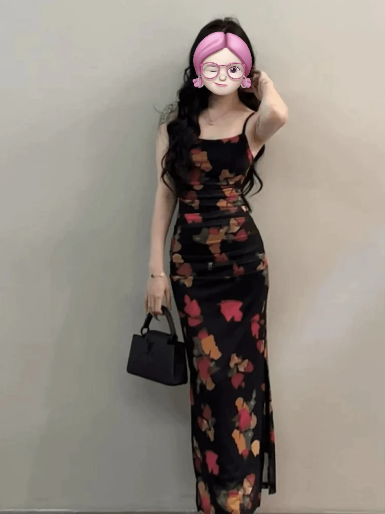 法式夏季新款印花百搭复古修身开叉包臀时尚吊带连衣裙