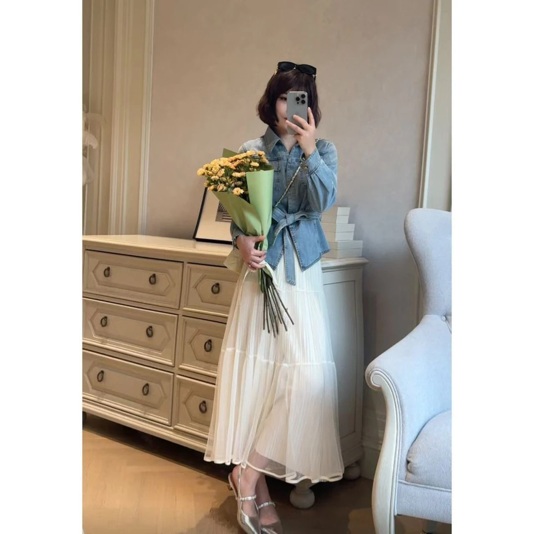 玳妮【美式牛仔套装】春季翻领水洗腰带牛仔外套+蛋糕纱裙两件套装