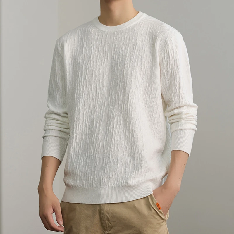 ZONGJIE香港高端白色圆领长袖毛衣男款秋冬季新款休闲百搭打底衫