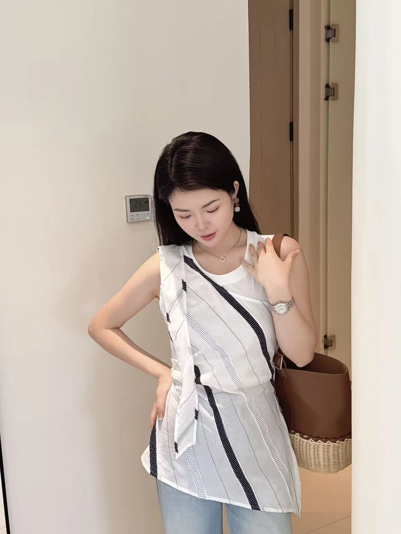 ODUOER【实体同款】高定拼接定制面料设计感不规则上衣女假两雪纺衫