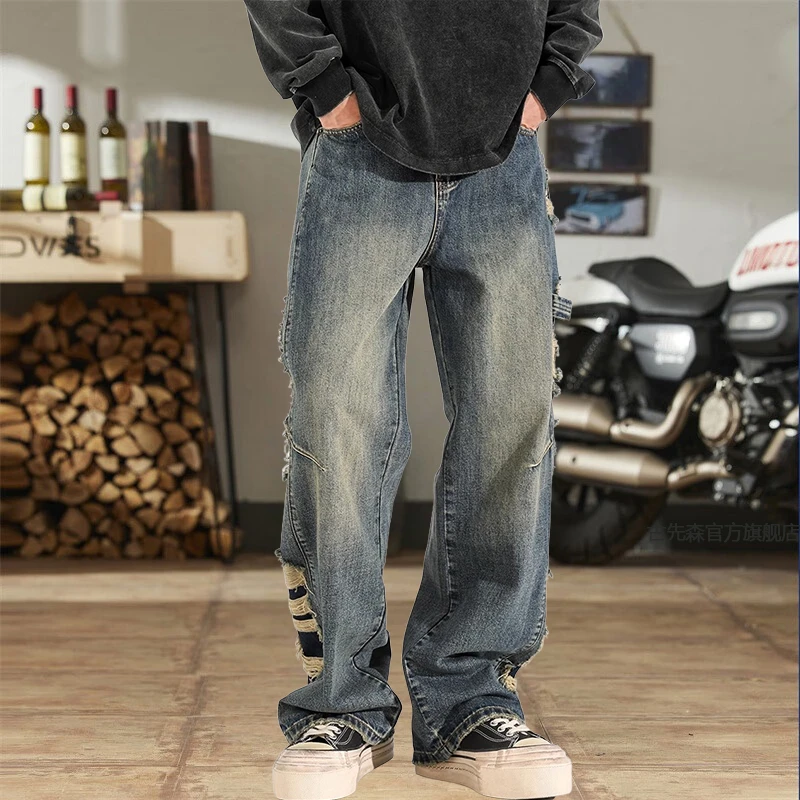 美式高端复古做旧宽松阔腿牛仔裤男个性小众破洞设计直筒长裤子男