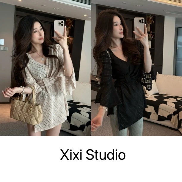 【西西】蕾丝提花不规则设计款V领喇叭袖上衣