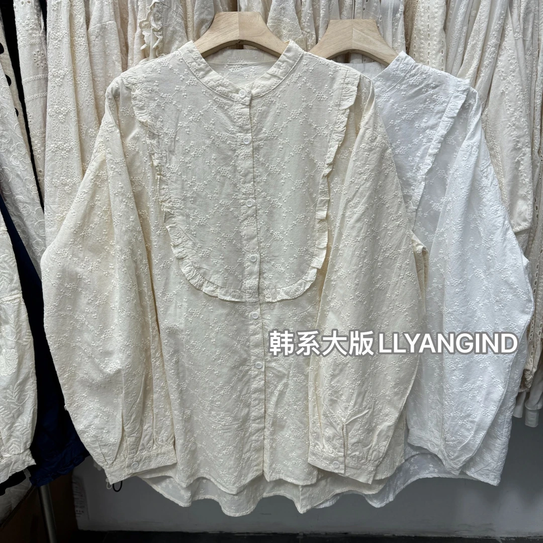纯棉刺绣绣花立领衬衫泡泡袖百搭时尚韩系白色打底小衫法式上衣