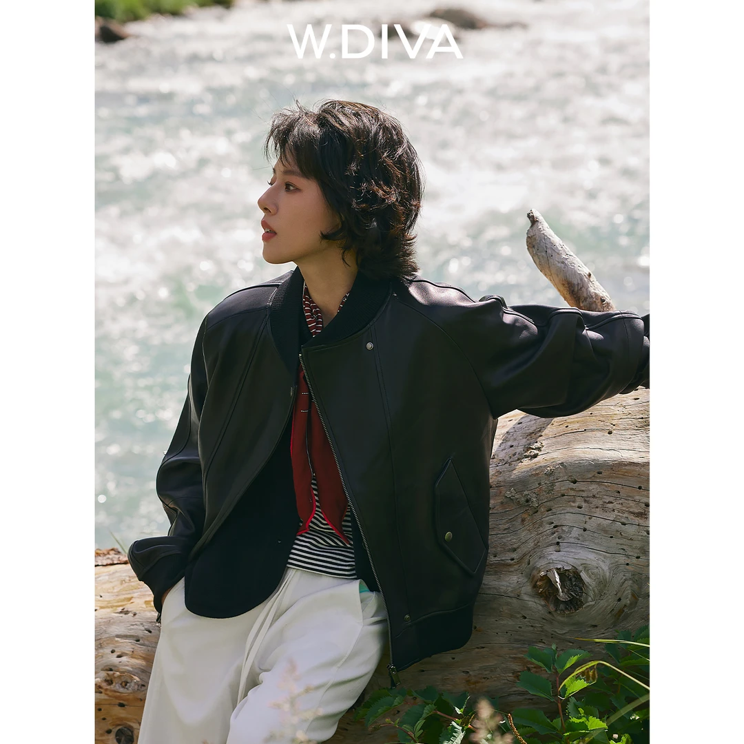 W.Diva【速写皮革】英国进口羊皮秋冬拉链棒球夹克外套女53C192686