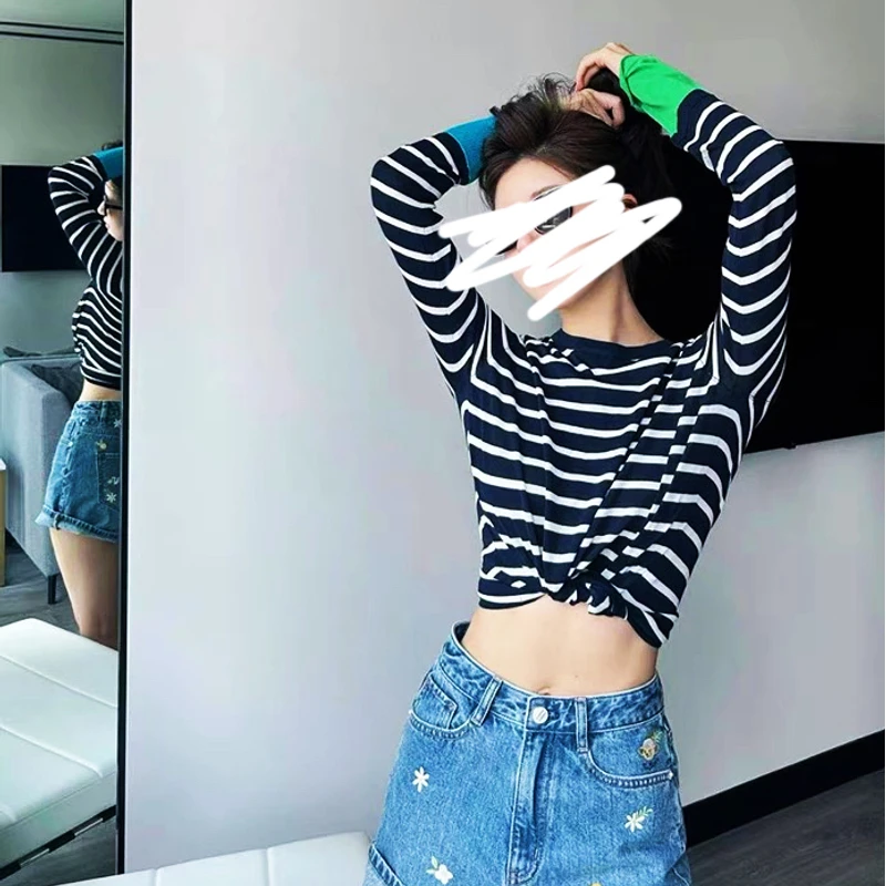 【露丝同款&撞色条纹长袖T】春季新款小众设计感简约别致长袖上衣