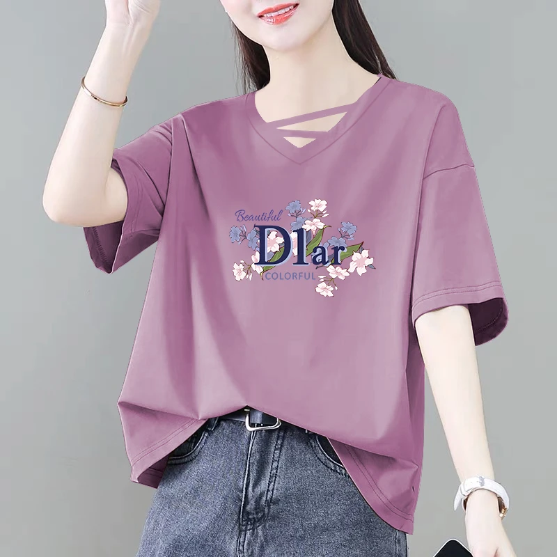 冰瓷棉短袖T恤女2025夏新款百搭时尚复古休闲宽松显瘦印花v领T恤