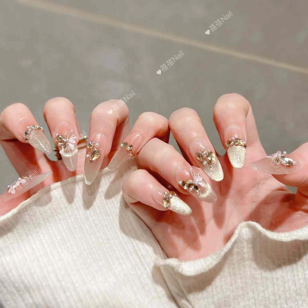 【烫金蝴蝶】蝴蝶法式猫眼时尚清新纯手工气质穿戴甲十片装