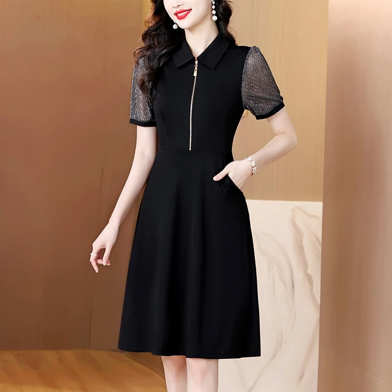 2025大码女装夏季新款韩版妈妈假两件气质修身简约拼接连衣裙黑色