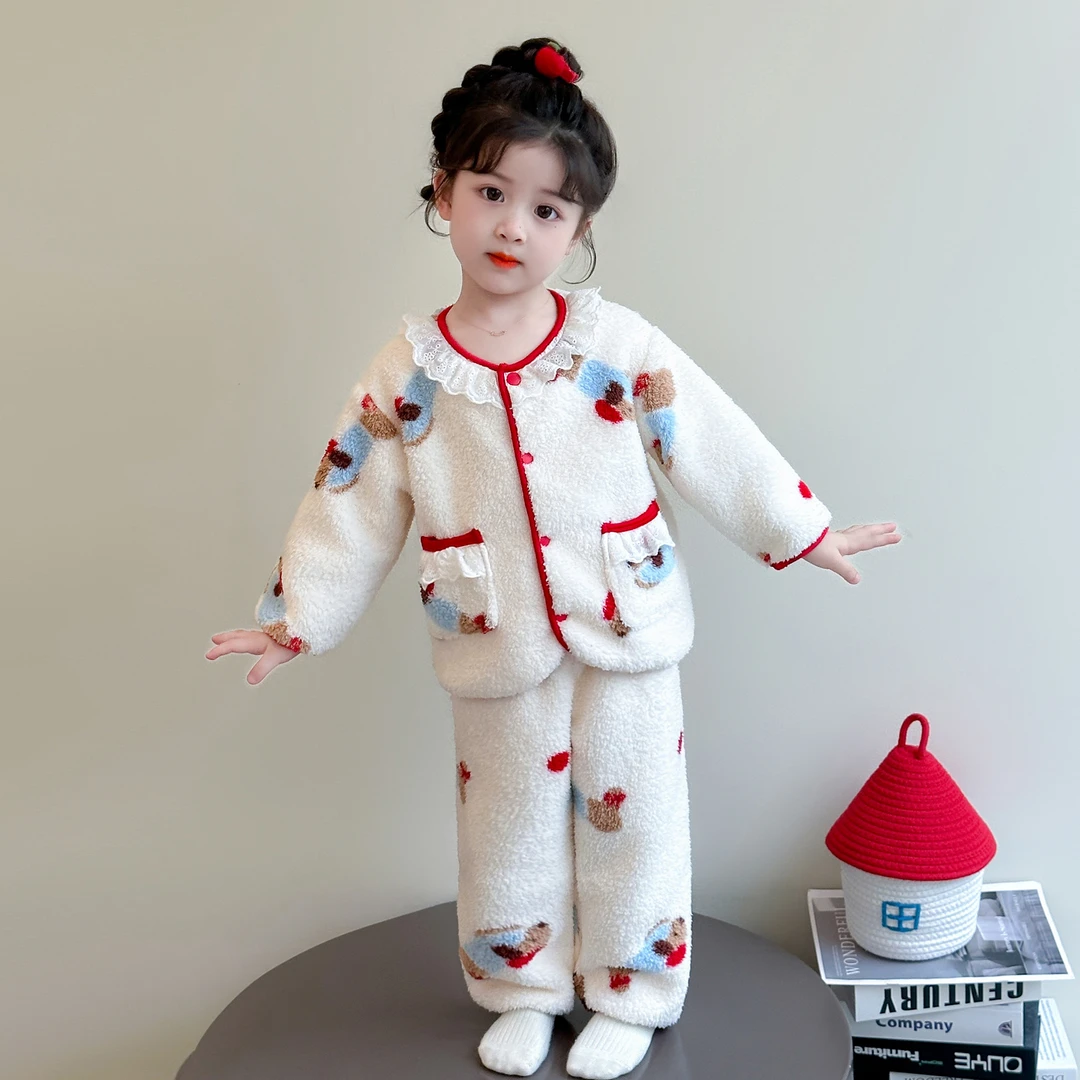 女童睡衣秋冬2025新款儿童珊瑚绒女宝宝冬季加厚法兰绒家居服套装