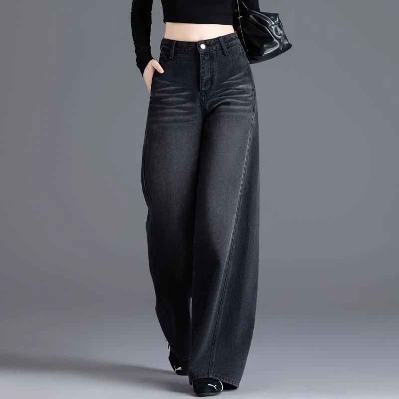 黑色加绒显瘦牛仔裤女2025新款冬季百搭裤子高腰直筒裤美式阔腿裤