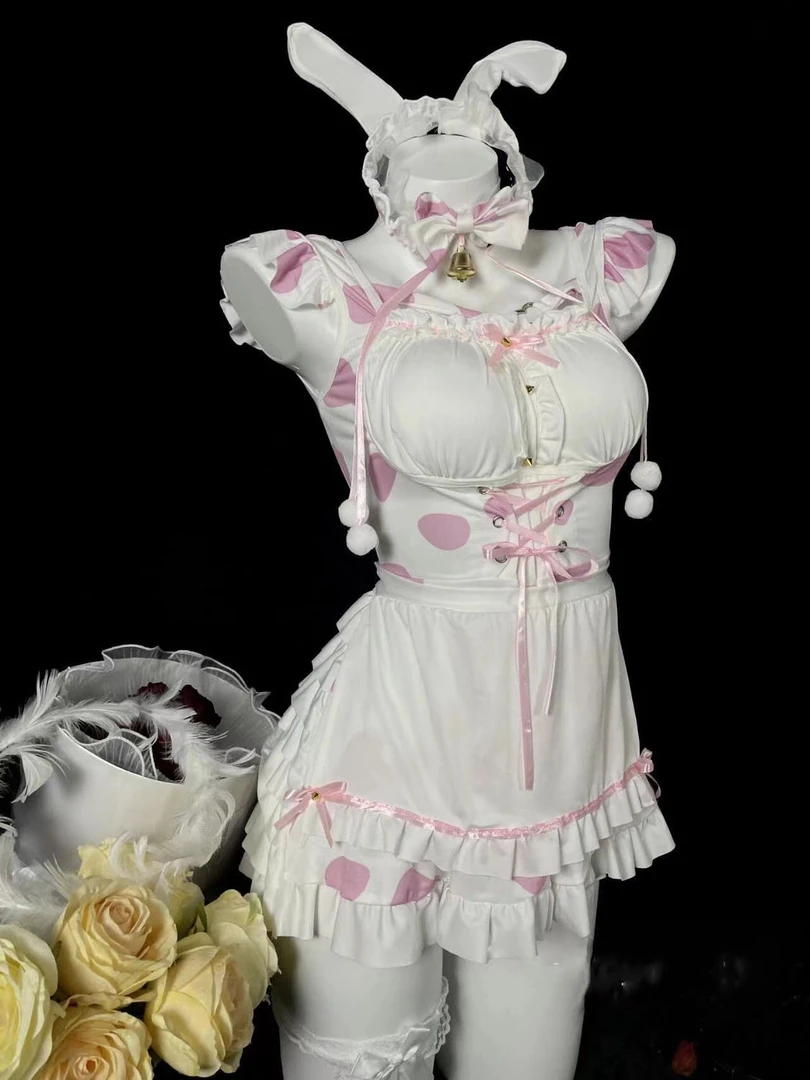 （瑜己日记）纯欲风日系兔女少女性感甜美白色睡裙lolita蕾丝夏季