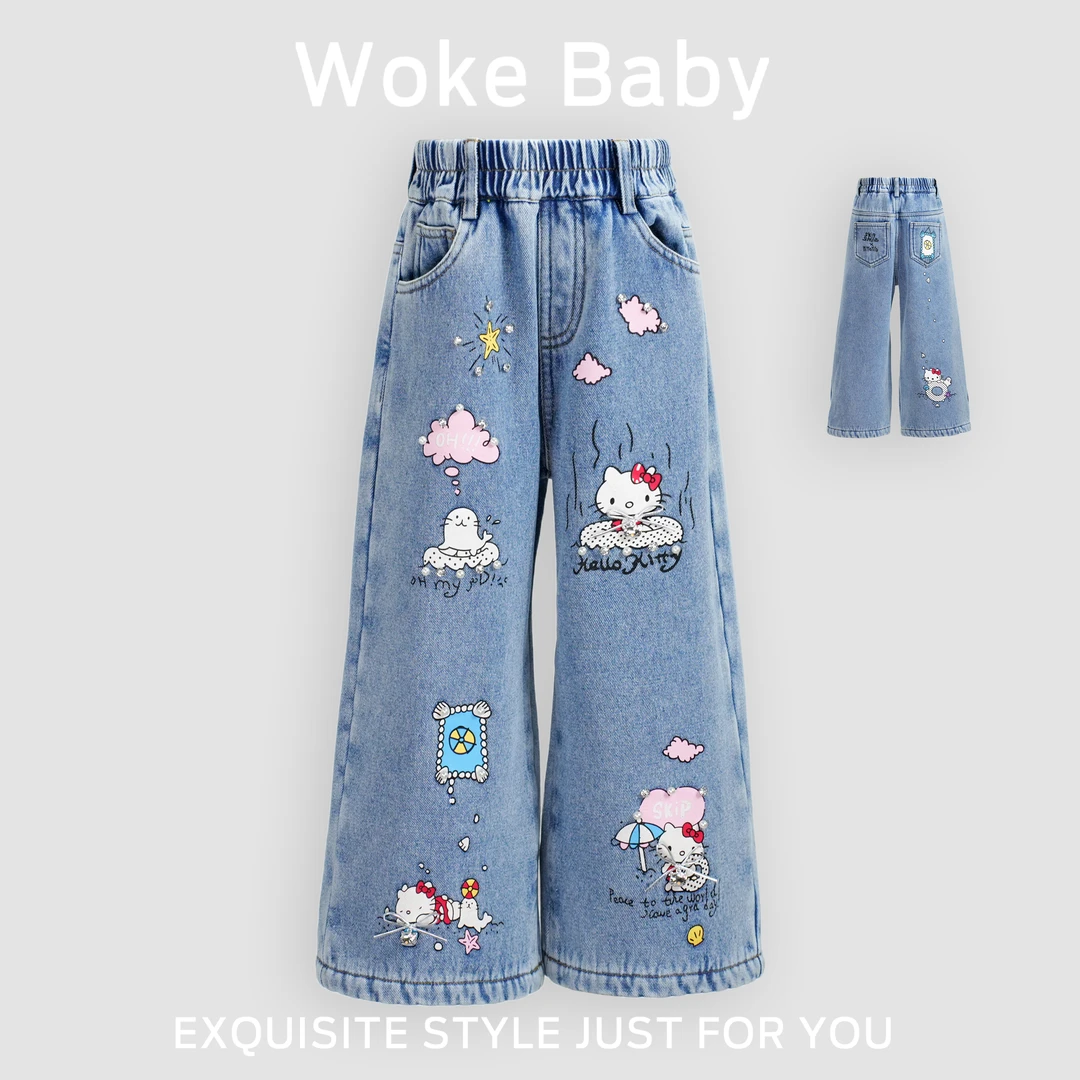 【现货】女童秋冬洋气牛仔裤卡通加绒长裤阔腿裤汉服裤子W5015