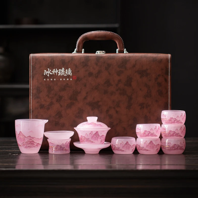 高档琉璃功夫茶具套装纯手工家用泡茶神器防烫耐热粉色千里江山