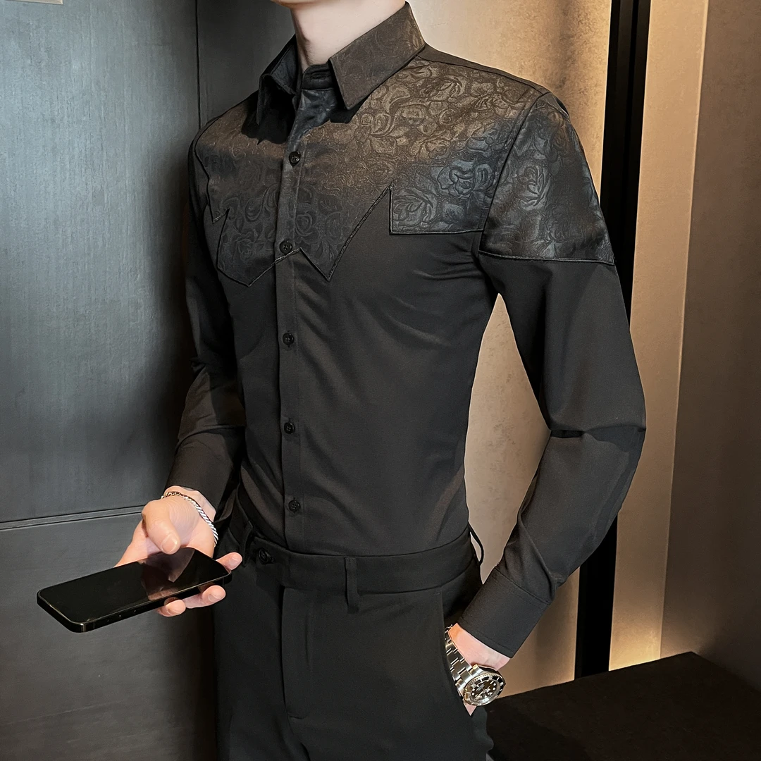 设计感拼接衬衫男士长袖高级感男装2025新款春装潮牌痞帅男款衬衣